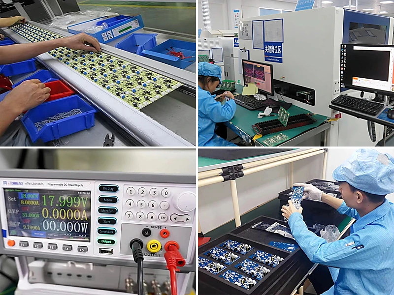 Electronics quality inspection collage showing PCB assembly, AOI testing, electrical measurement equipment and manual component inspection