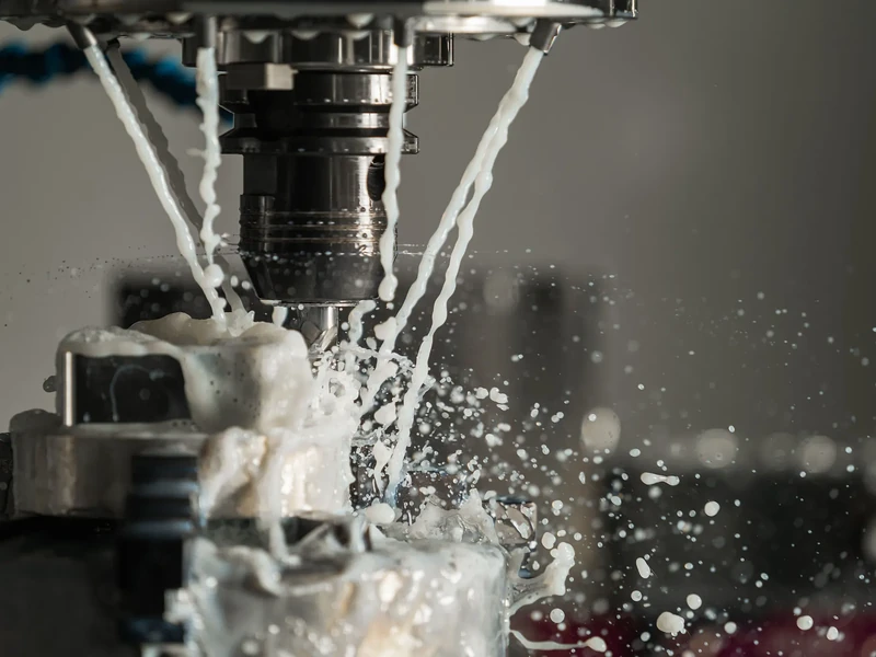CNC machining process with cutting tool and coolant splash during precision metal parts manufacturing.