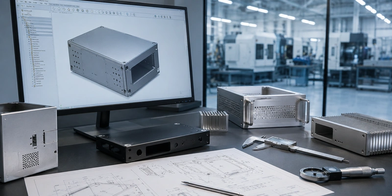 CAD model, technical drawings, and metal enclosure samples prepared for early DFM review in custom manufacturing
