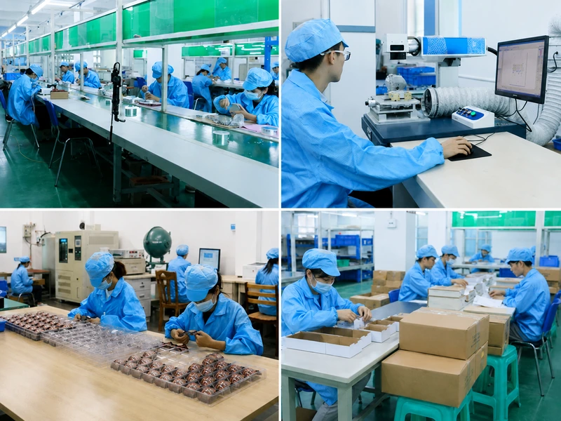 Electronics manufacturing and quality inspection workstations with technicians assembling, testing, and packaging electronic components in a clean production facility.