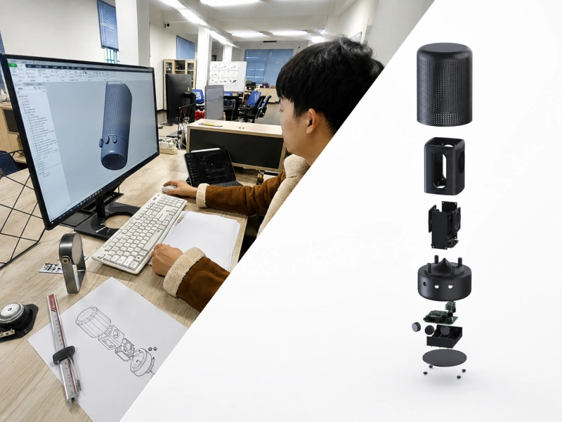 Product engineer reviewing 3D design of a smart electronic device with exploded assembly view and prototype sketches