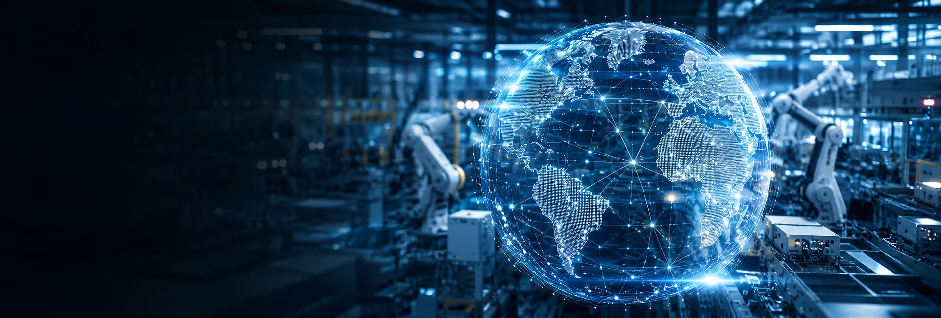 Global manufacturing information network with digital globe, connected data points and automated production background