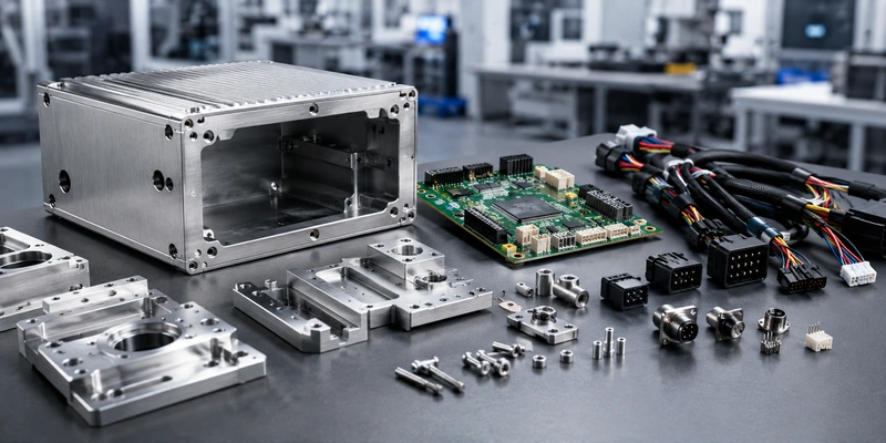Metal enclosure, machined parts, PCB assembly, and wire harnesses arranged for integrated manufacturing coordination