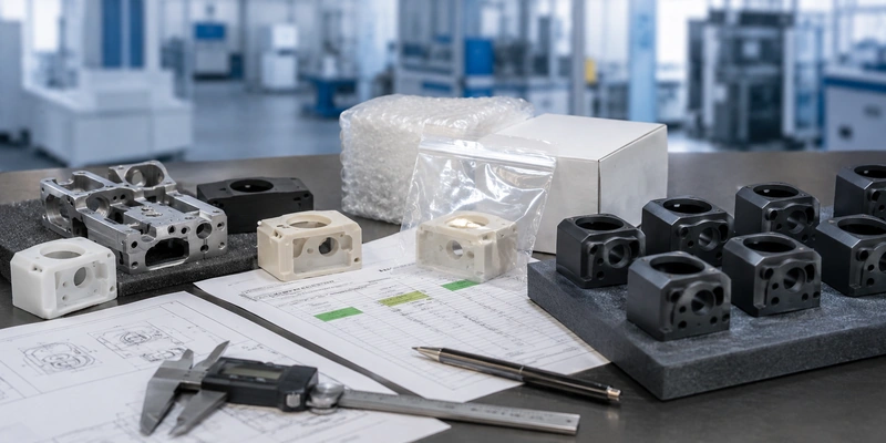 Prototype parts, inspection documents, measuring tools, and packaging materials prepared for low-volume production review