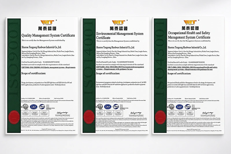 ISO 9001, ISO 14001 and ISO 45001 management system certificates for Tongyong Hardware Industrial