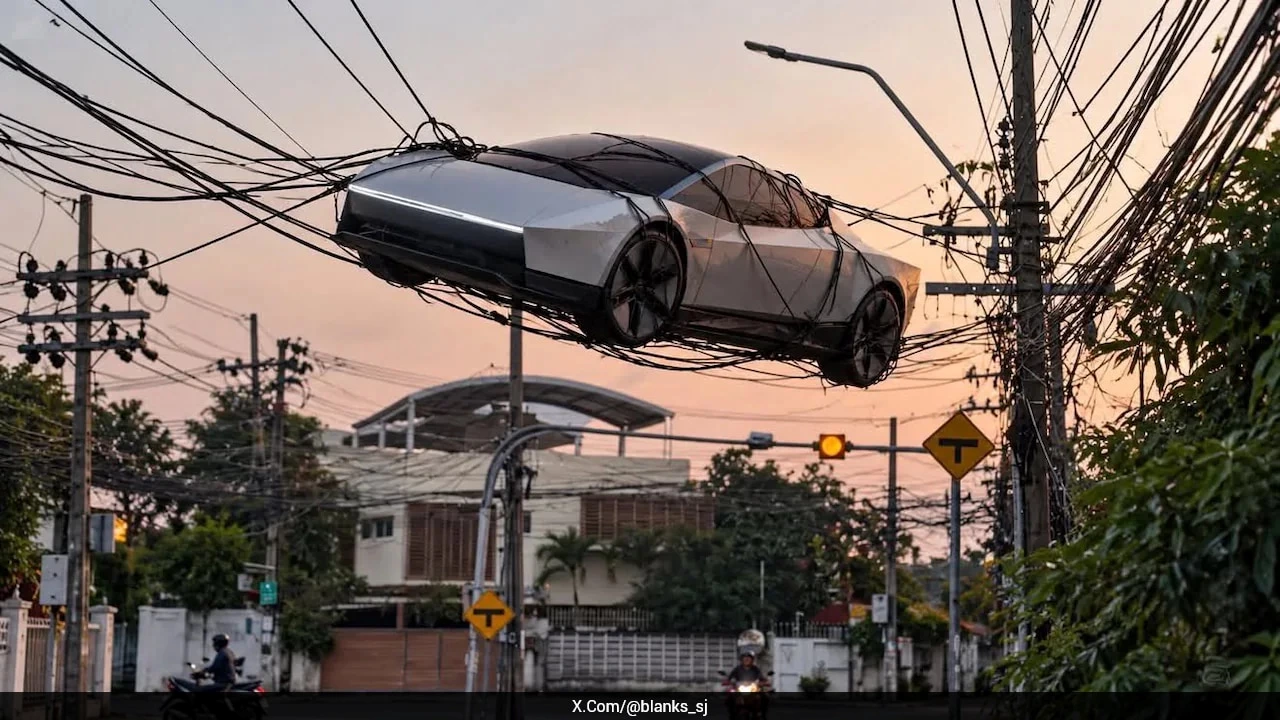 Satirical concept image illustrating public doubts about whether a “flying car” would be practical in real urban environments. This is not an official Tesla photograph.